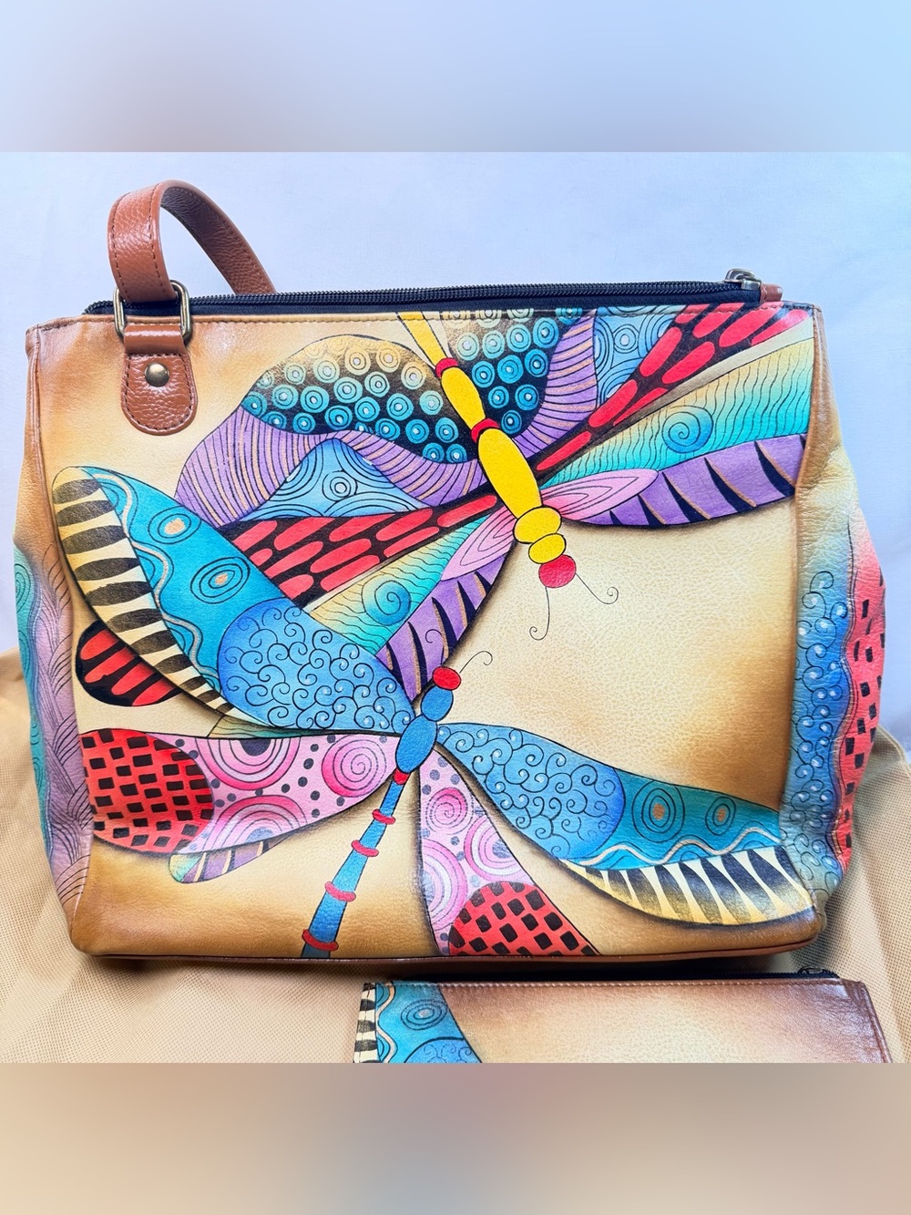 Anuschka Dancing Dragonflies Satchel Leather Zip Excellent